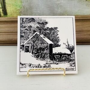 Vtg Currier & Ives Art Tile Old Homestead in Winter wall decor trivet Black Wht